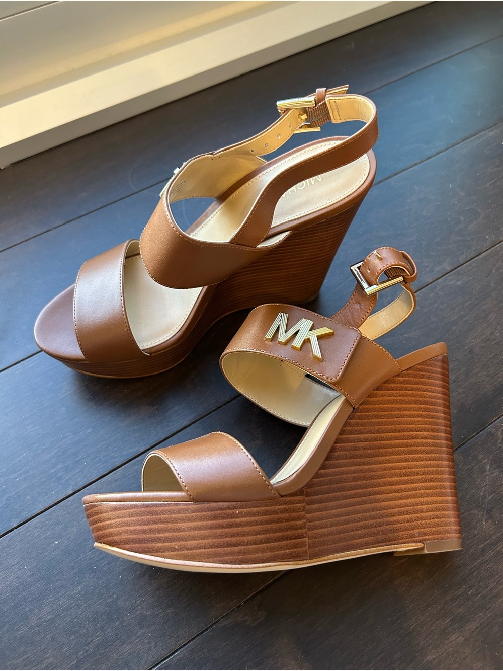Michael Kors Tan Leather MK Logo Wedge Sandals